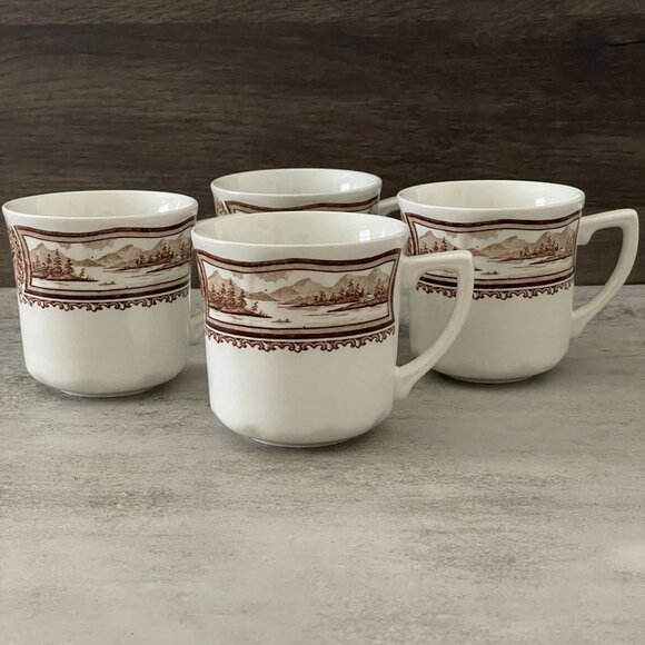 Meakin Vintage Americana Brown 4 Four 8oz Coffee Cups  4.25" Ironstone England - Picture 1 of 7